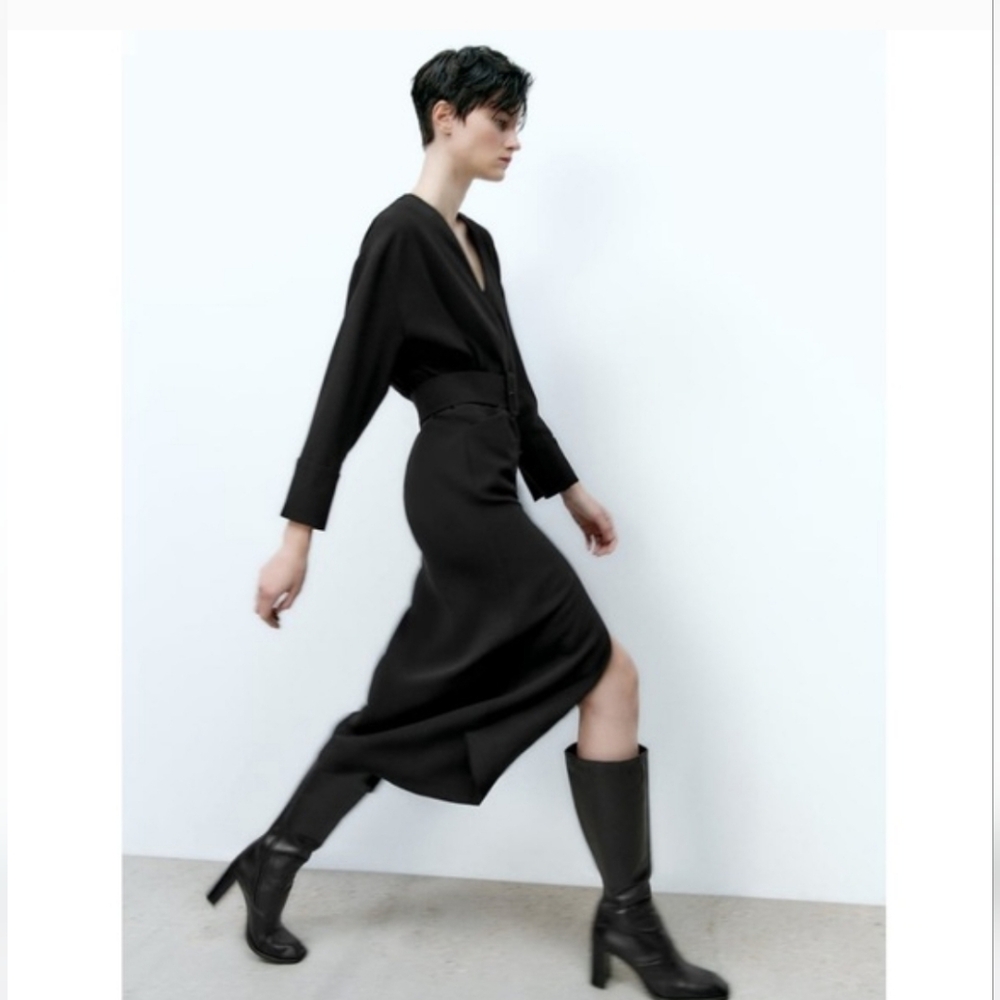 Zara Wrap V-Neck Long Sleeve Midi Dress In Black *Missing Belt* - Picture 5 of 7